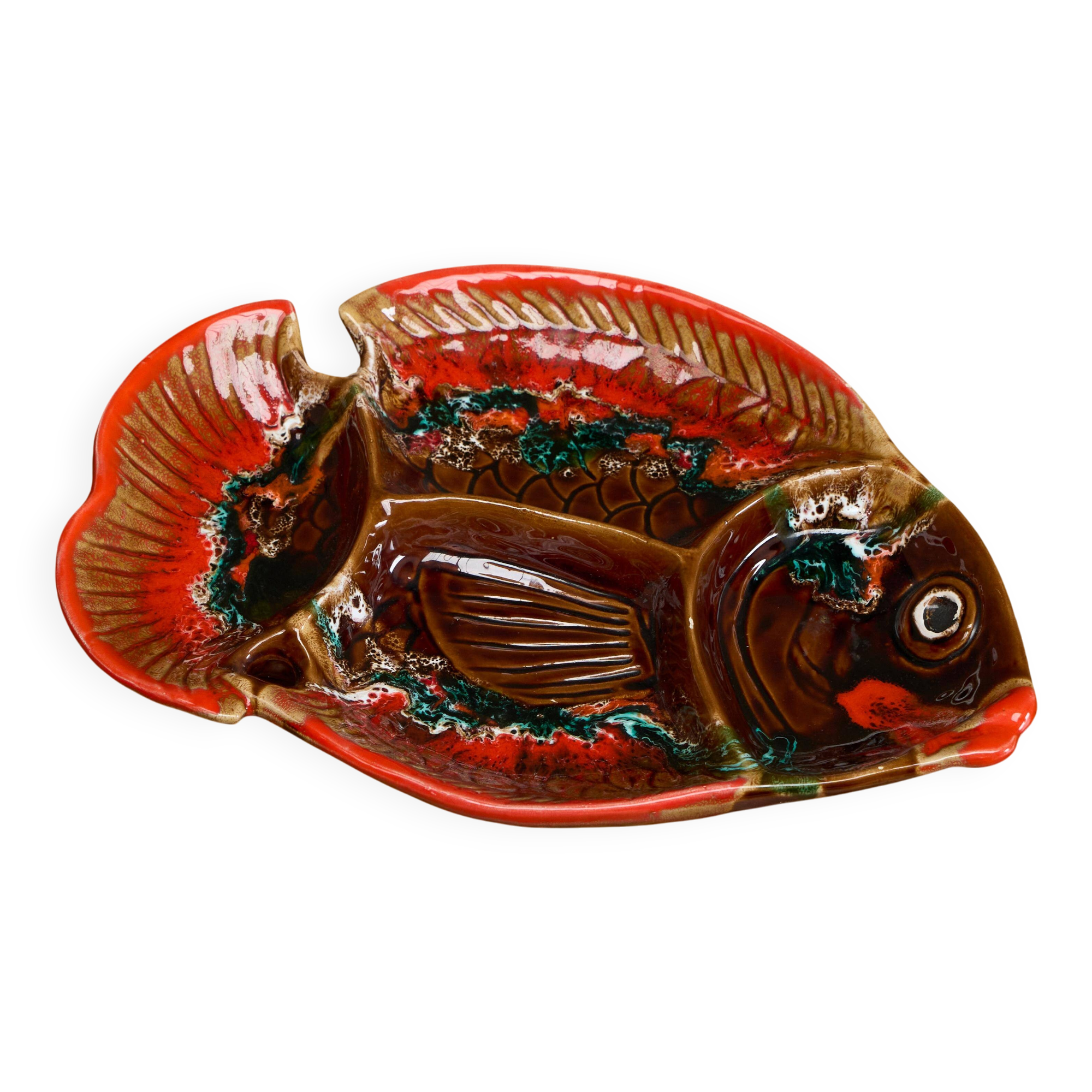 Grande coupe poisson Vallauris studio poterie milieu 20e siècle