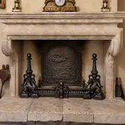 19th-century cast iron fireplace set, bar, andirons & plaque with griffins