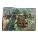 Barges in a signed canal