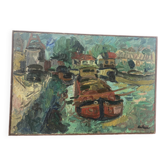 Barges in a signed canal