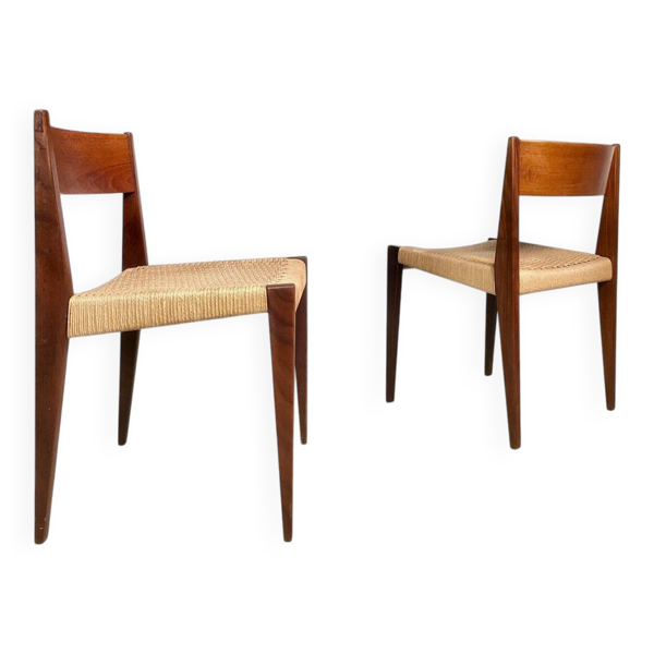 Ensemble de chaises de salle à manger minimalistes danoises en teck modèle Pia avec sièges en corde à papier par Poul Cadovius pour Royal Persiennen, 1958.