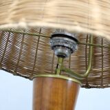 1960s Parker Knoll wooden table lamp with wicker shade, Britain