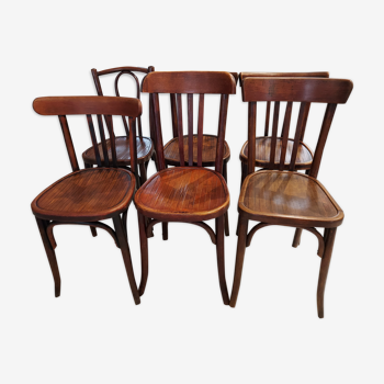 Suite de 6 chaises de bistrot Baumann dépareillées années 1940