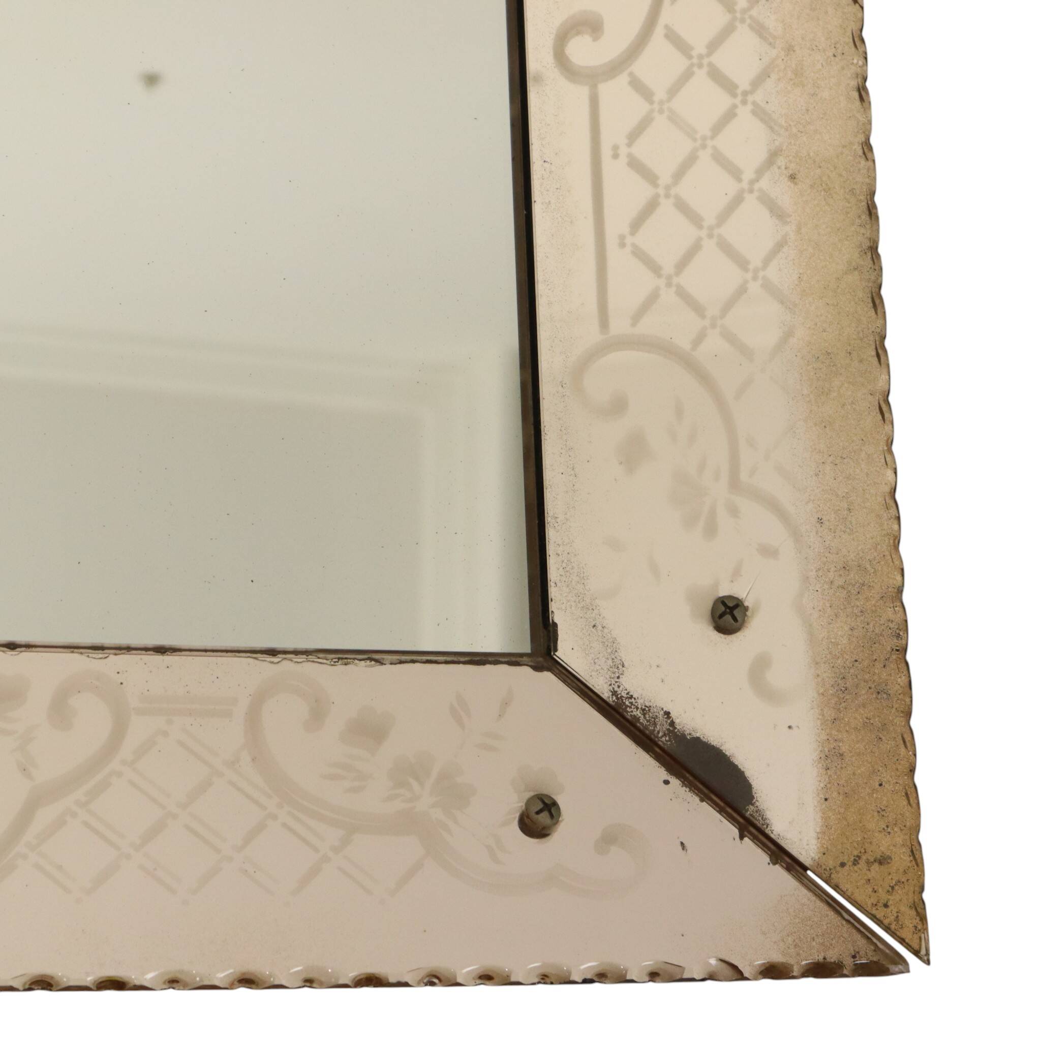 Large Venetian mirror, pink glass with engraved flowers, 77 cm