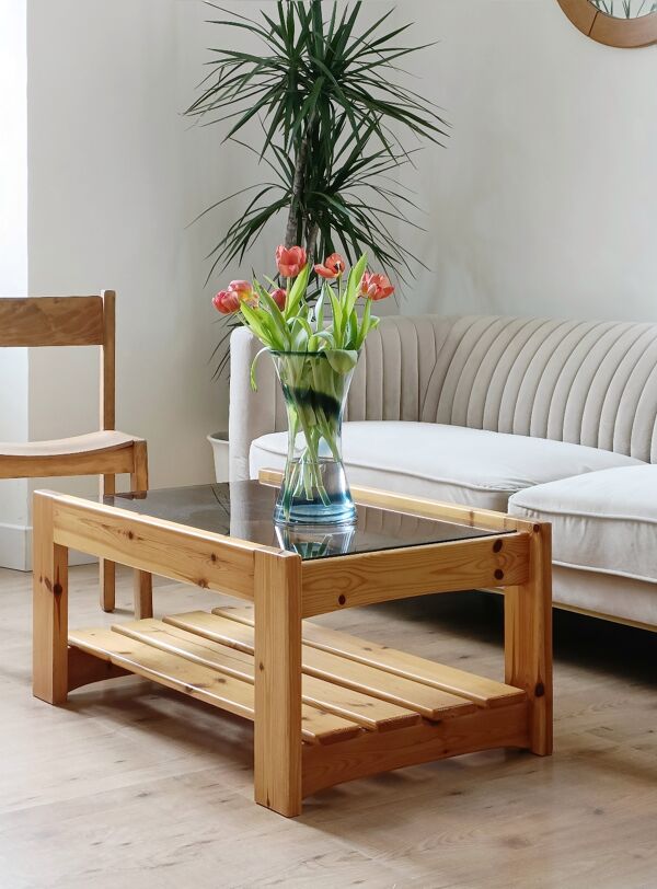 Table basse vintage en pin et verre fumé, 1970-1980
