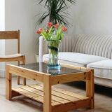 Vintage coffee table in pine and smoked glass, 1970-1980