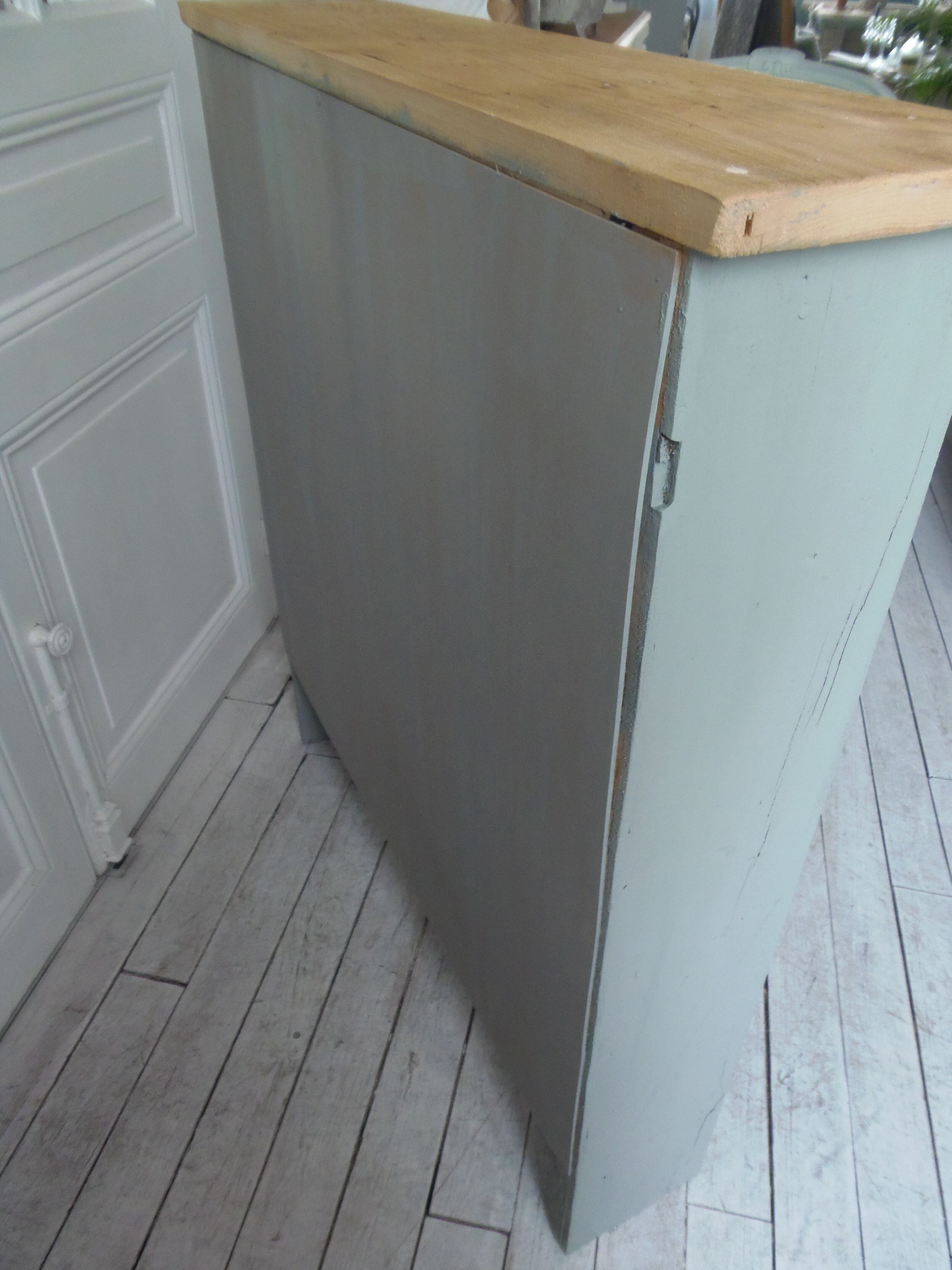 Vintage pearl grey green bookcase, 2 shelves, pitchpin top