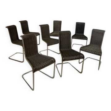 Lot de 8 chaises tubulaire design Tecta style bauhaus métal et cannage gris vintage année 80