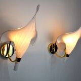 Pair of white fleur de lys sconces, murano glass, Italy, 1970