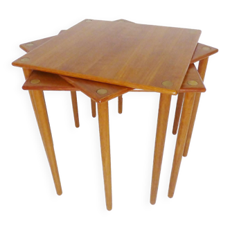 Vintage Teak & Brass Stacking Nest Of Tables Coffee Table By Georg Petersens  Denmark