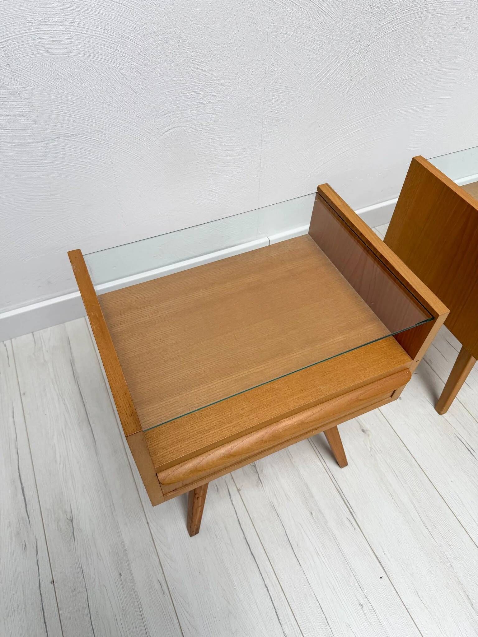 1960s vintage pair of mid-century walnut nightstands with glass shelves