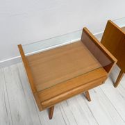 1960s vintage pair of mid-century walnut nightstands with glass shelves