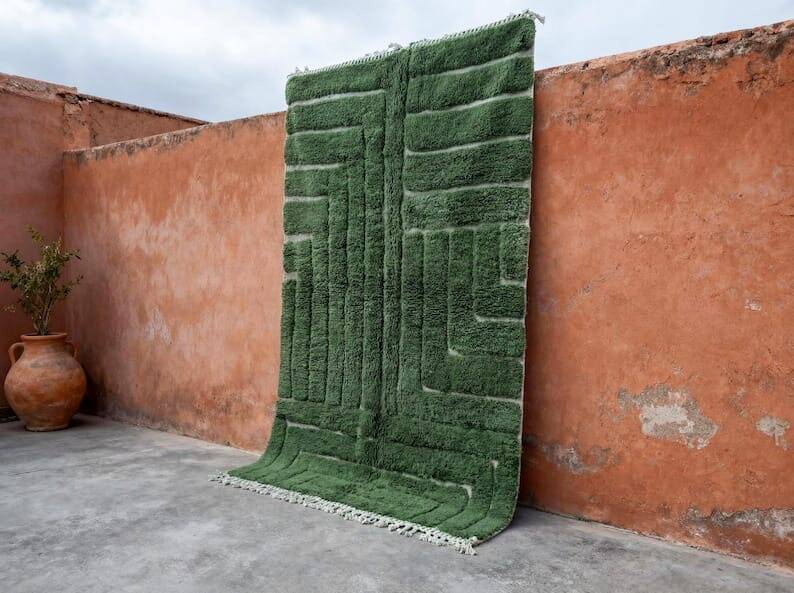 Traditional pure wool green beni ourain rug size 150x250 cm