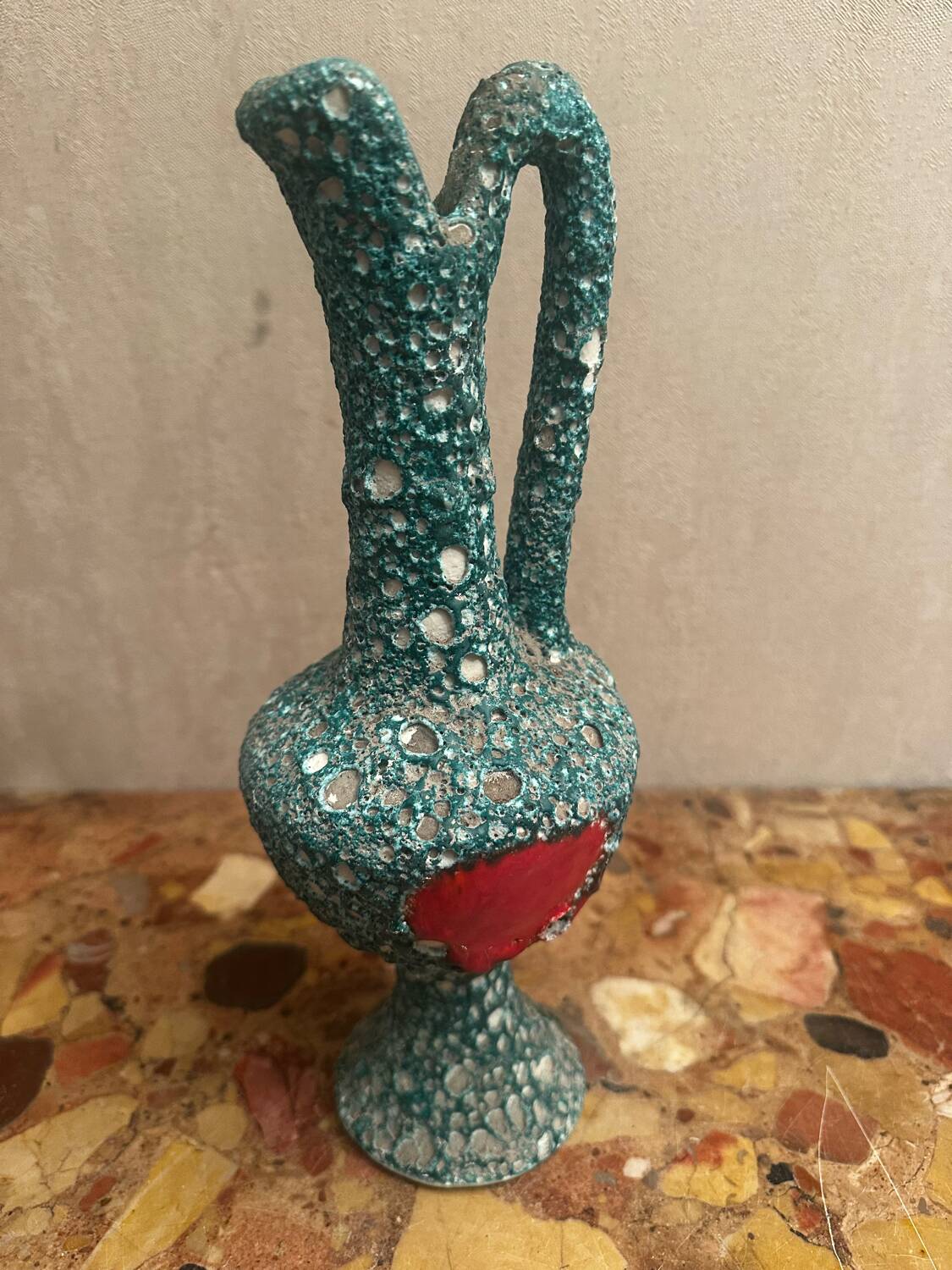 Pitcher/ Ceramic vase sea foam green and red glazed