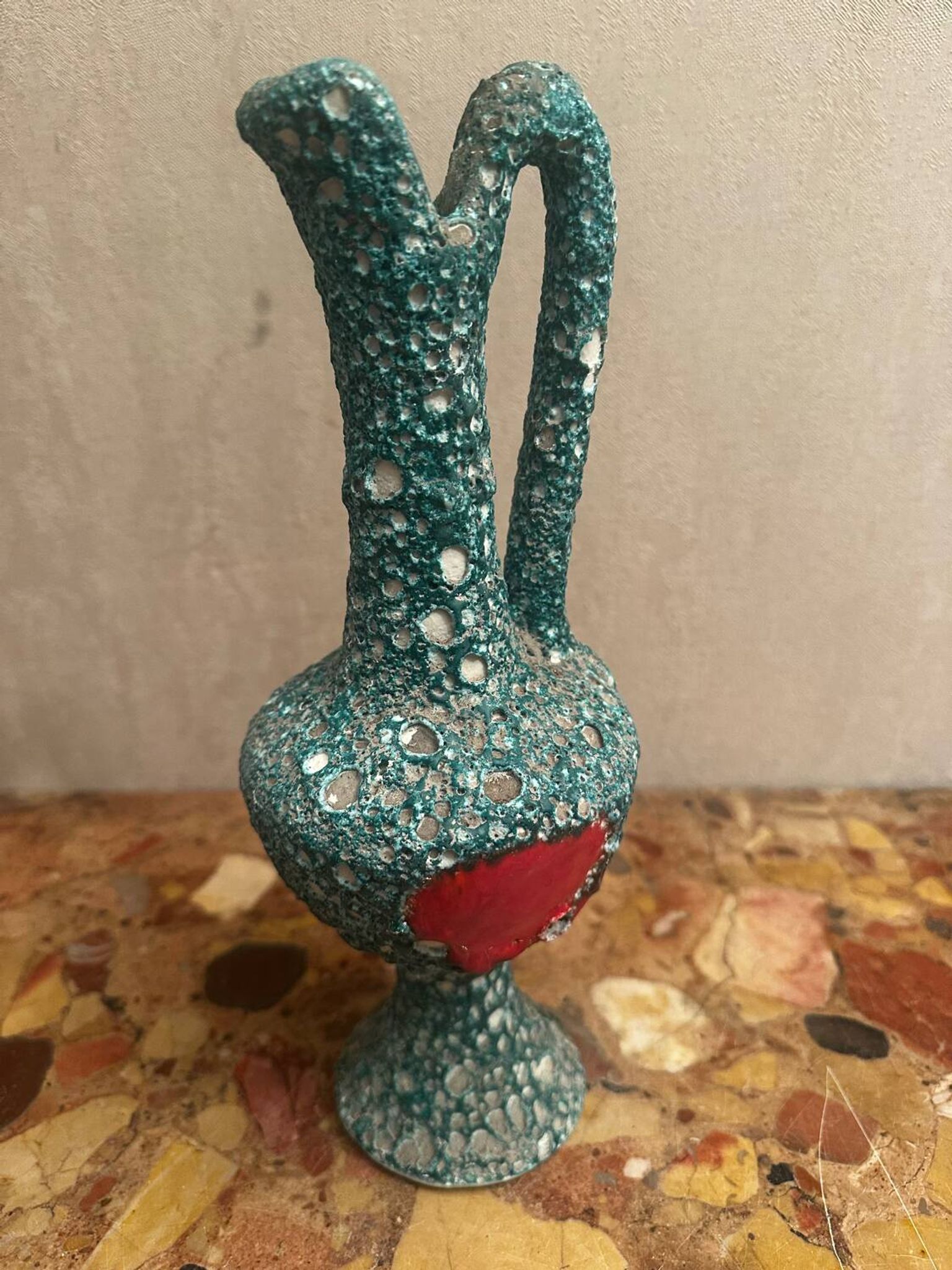 Pitcher/ Ceramic vase sea foam green and red glazed