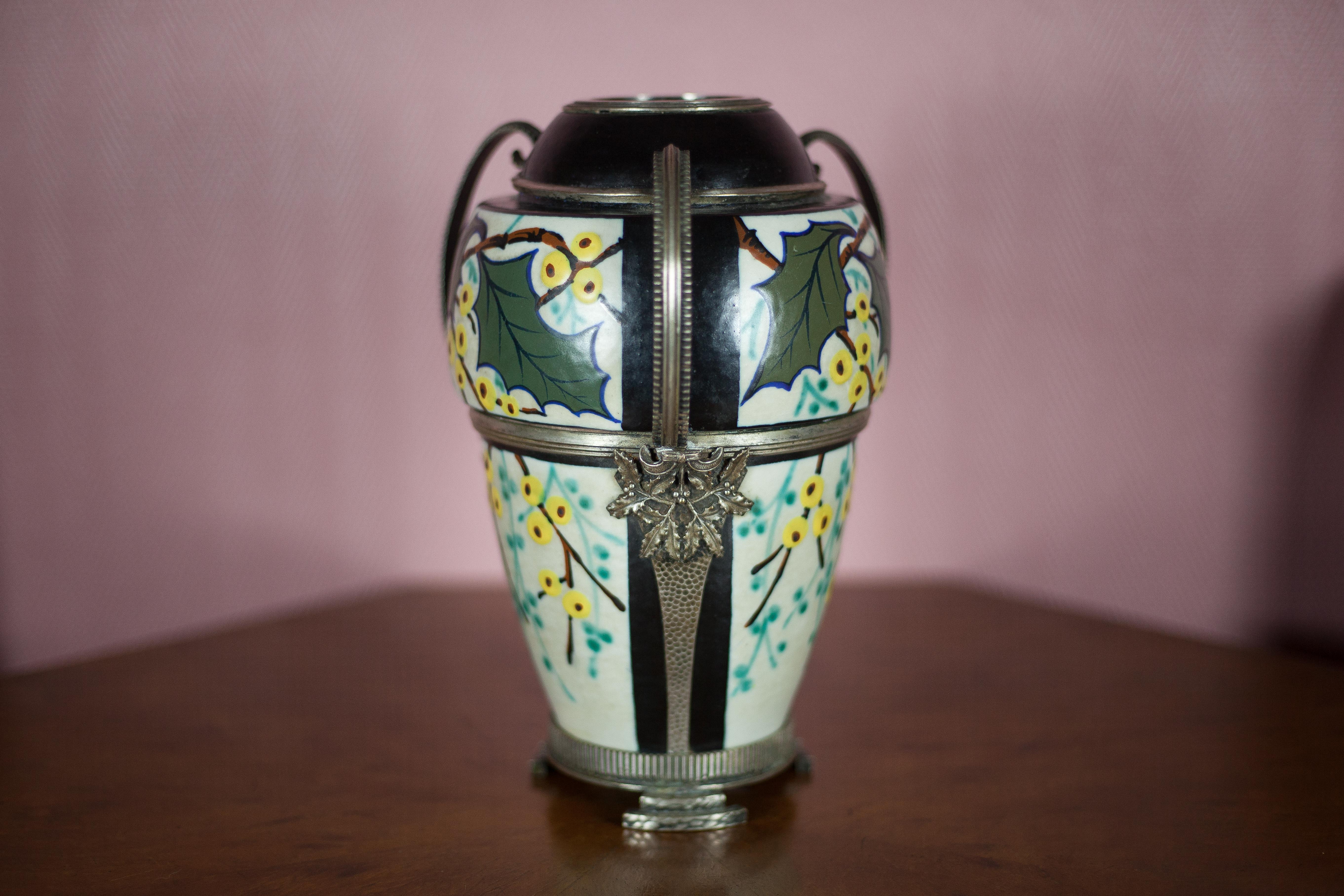 Ceramic vase with silver frame, vase signed by Argyl, Art Nouveau vase, art deco, collection