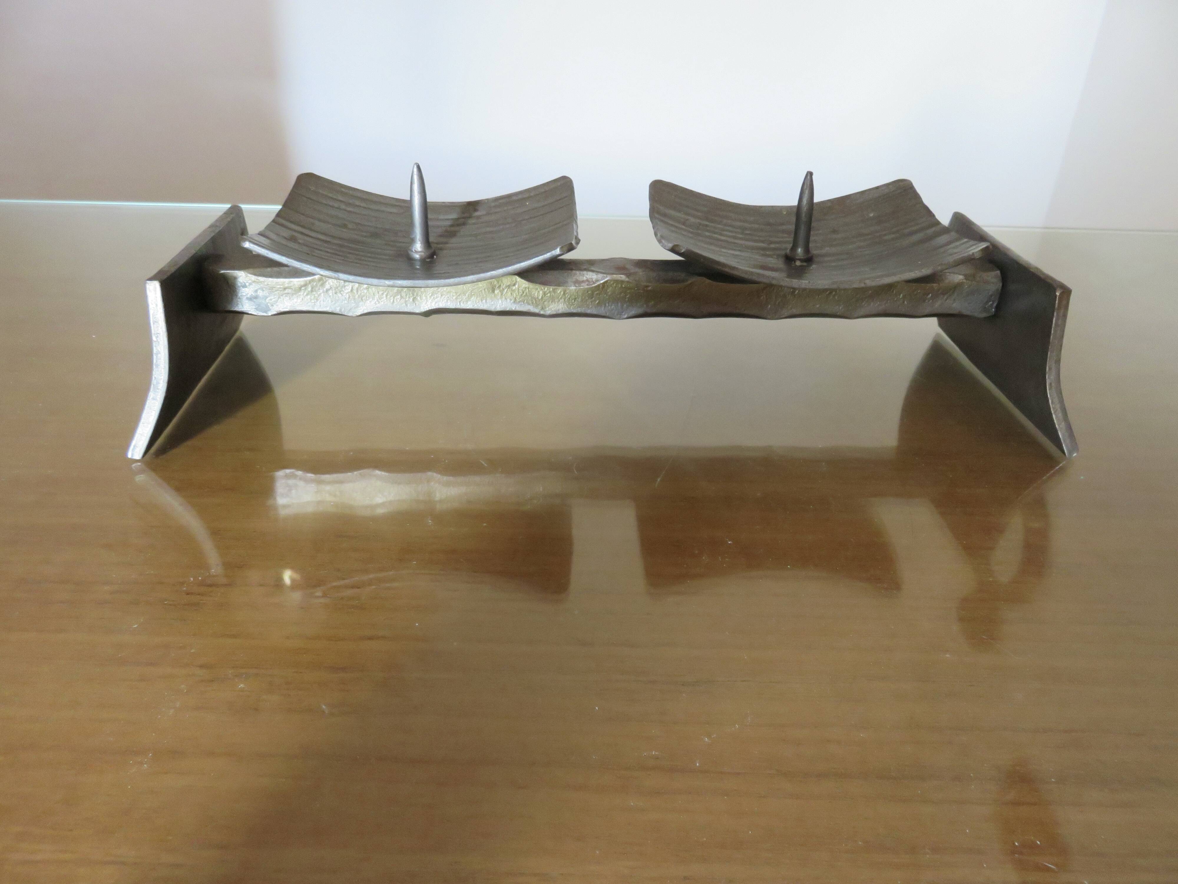 Large brutalist candlestick in the style of the Marolles workshops, raw steel.
