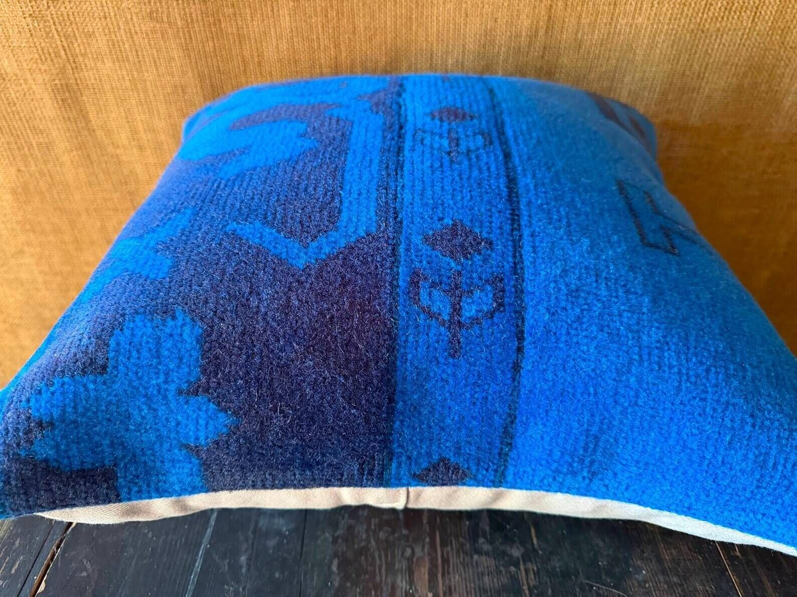 Electric Blue Vintage Turkish Rug Pillow, Hand-Stitched Wool Cushion