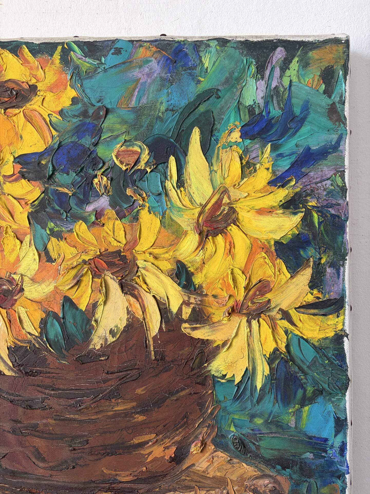 Basket of sunflowers, knife oil