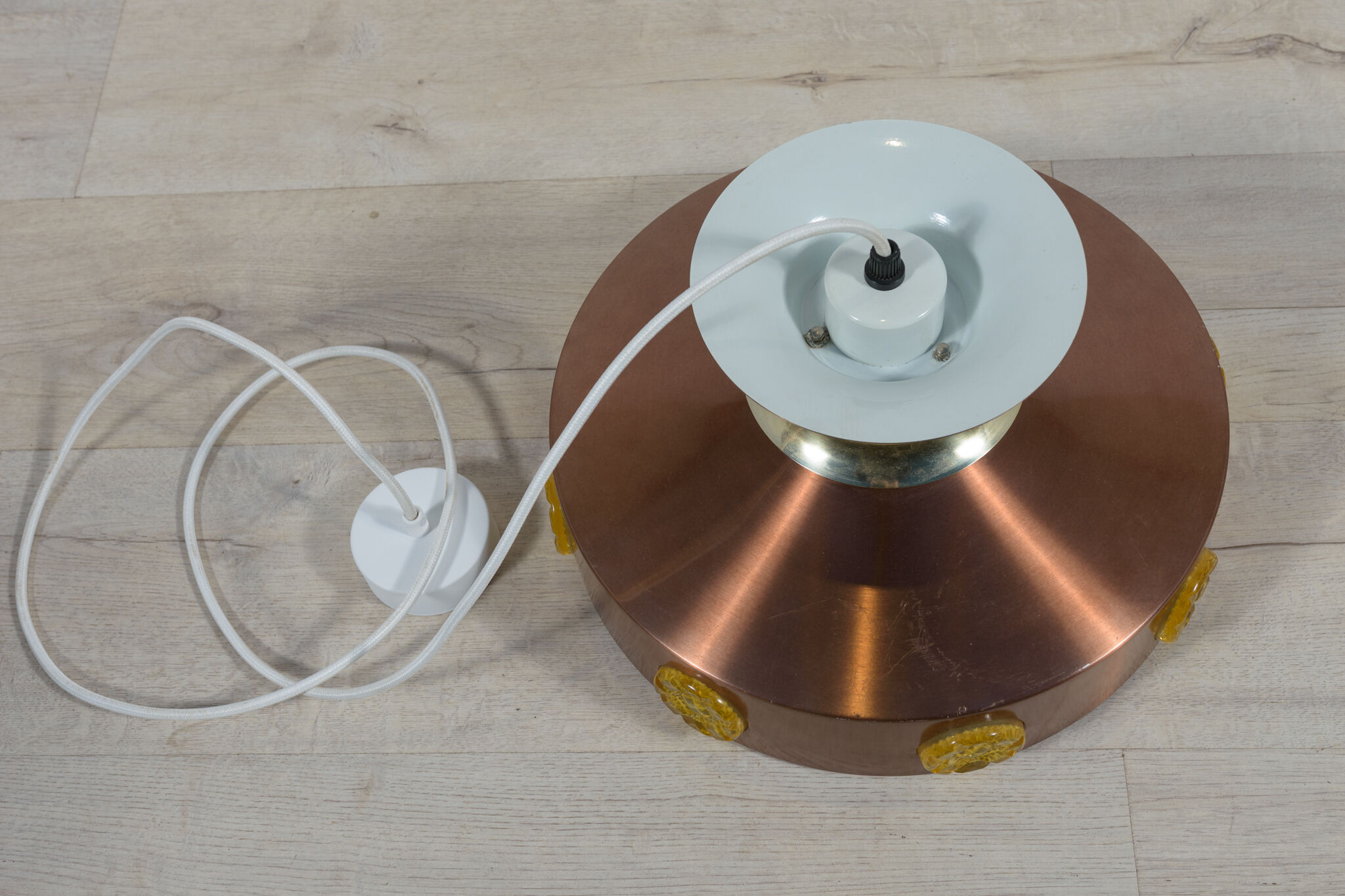 Scandinavian ceiling lamp copper & glass, Denmark, 1960s
