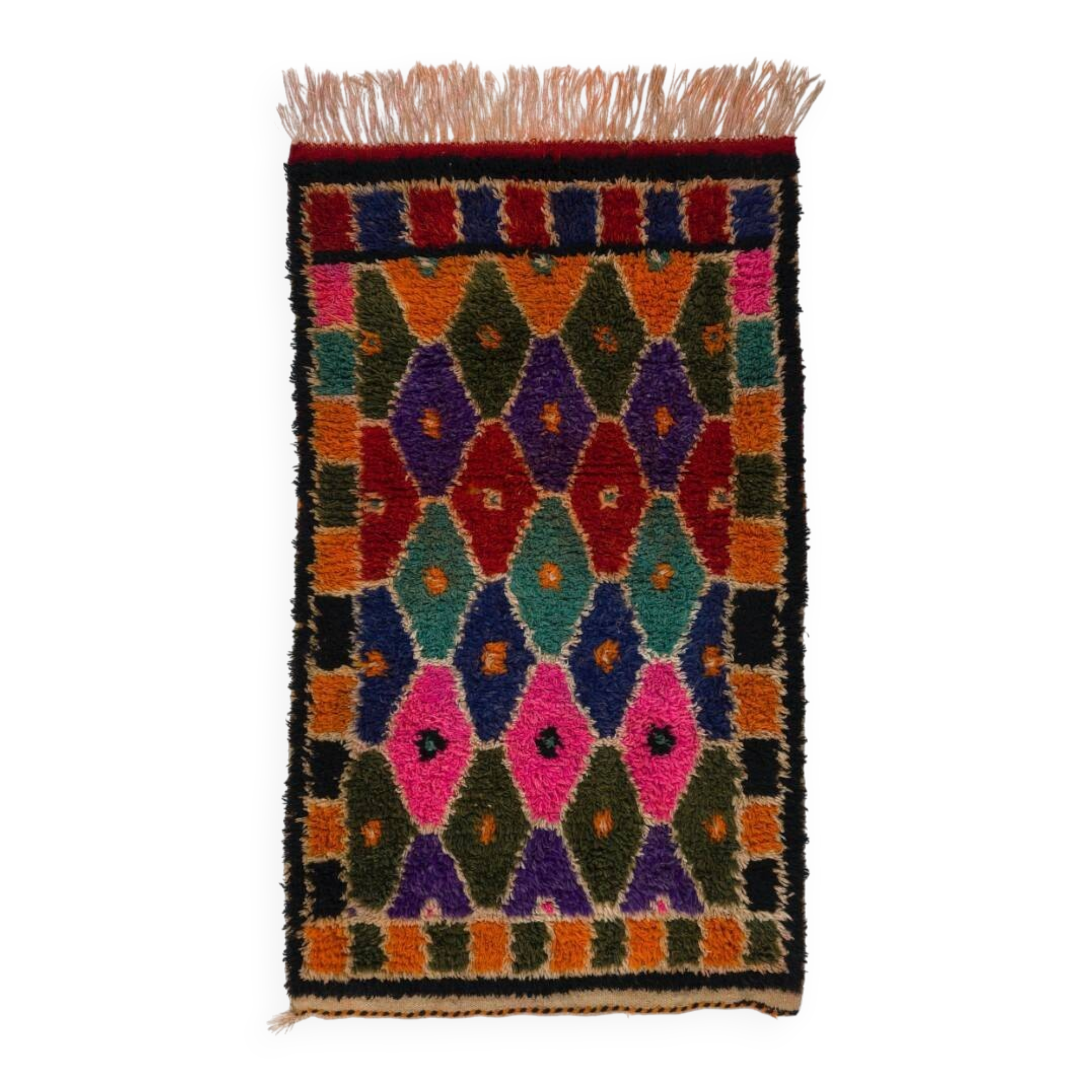 Colorful Vintage Hand-Knotted Turkish Tulu Rug with Geometric Diamond Design, 100% Wool