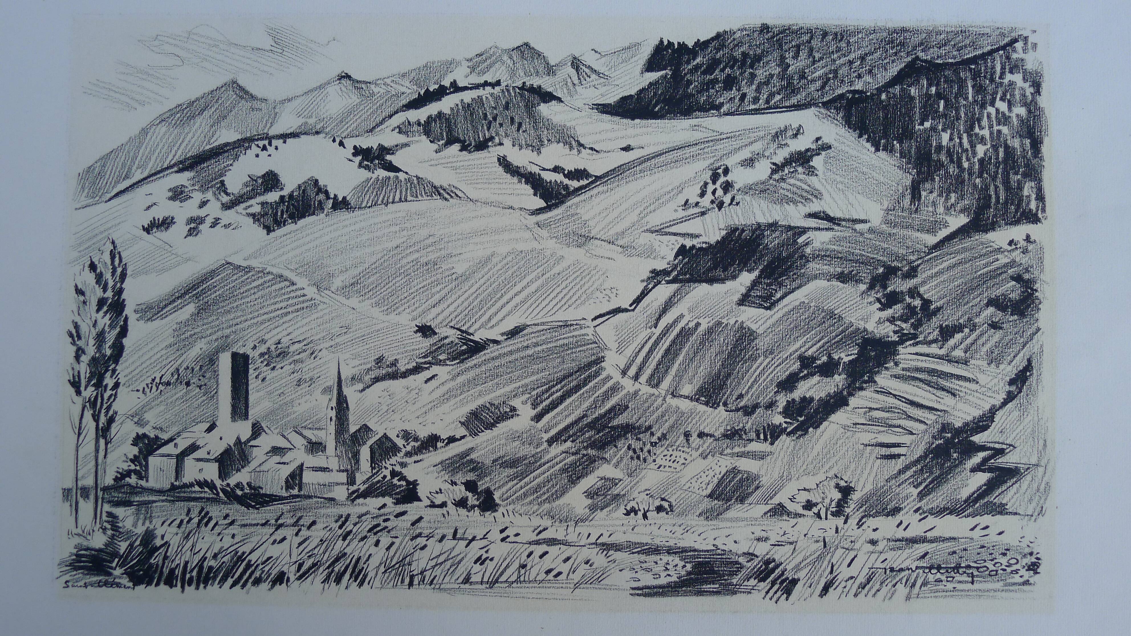 Large original black chalk drawing by Jean Villette (1913-2005)