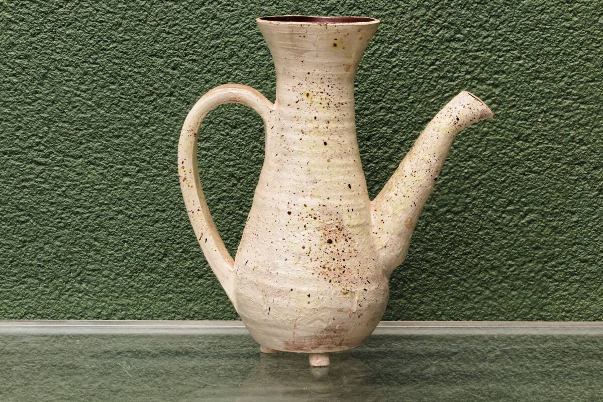 Vessel, jug, signed, 1950s, red terracotta, cream slip.