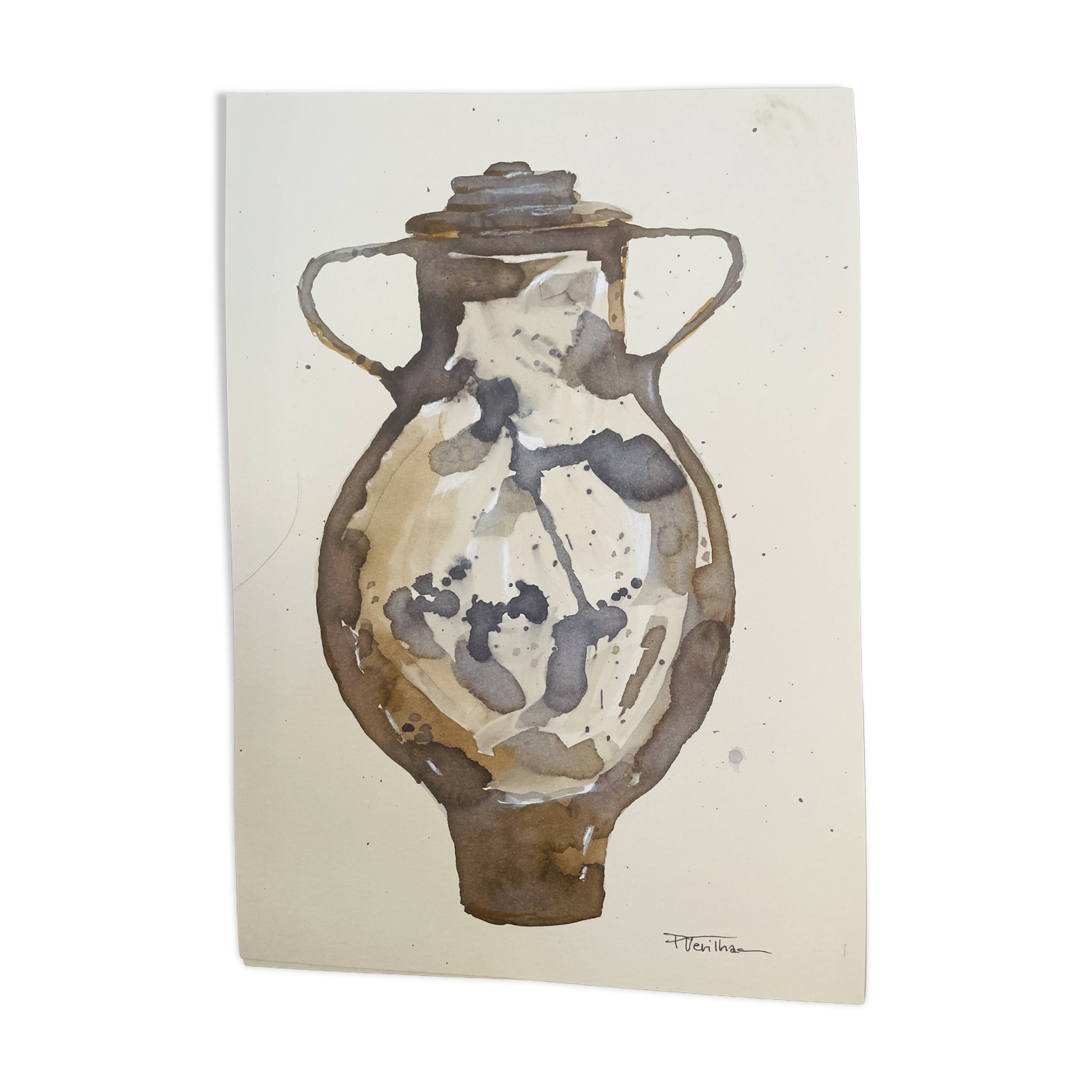 Signed watercolor and ink painting Wabi Sabi Sahara Vase