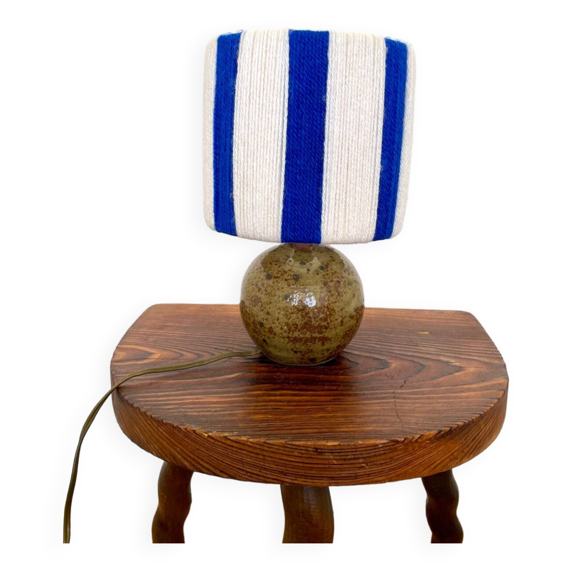 Vintage table lamp with pyrite sandstone base and striped wool lampshade