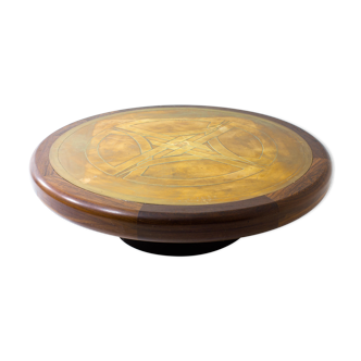 Vintage round coffee table in rosewood and brass