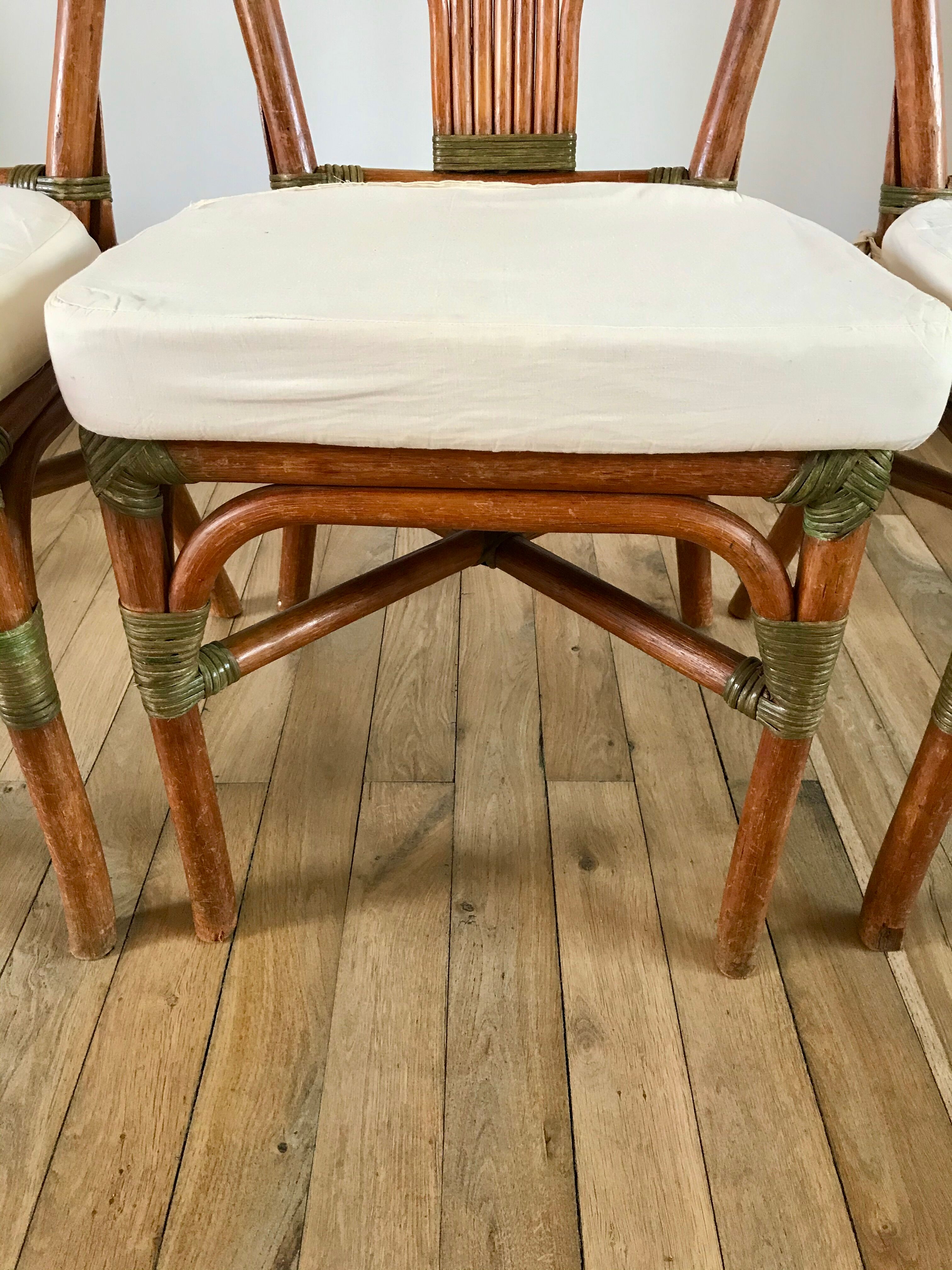 Set of 3 rattan / bamboo chairs with cushions years 1960-1970