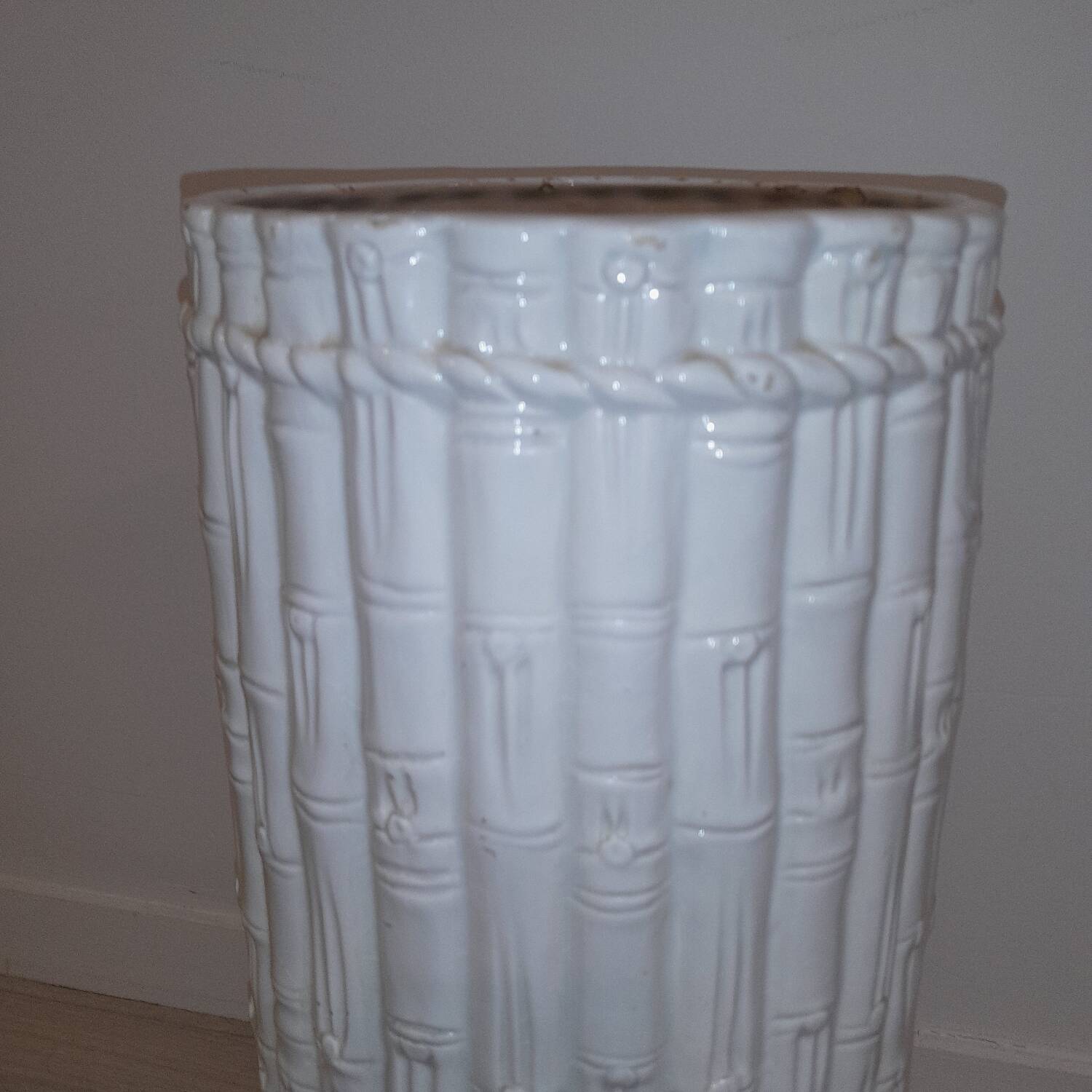 Porte-parapluie vintage italien en céramique blanche style bambou