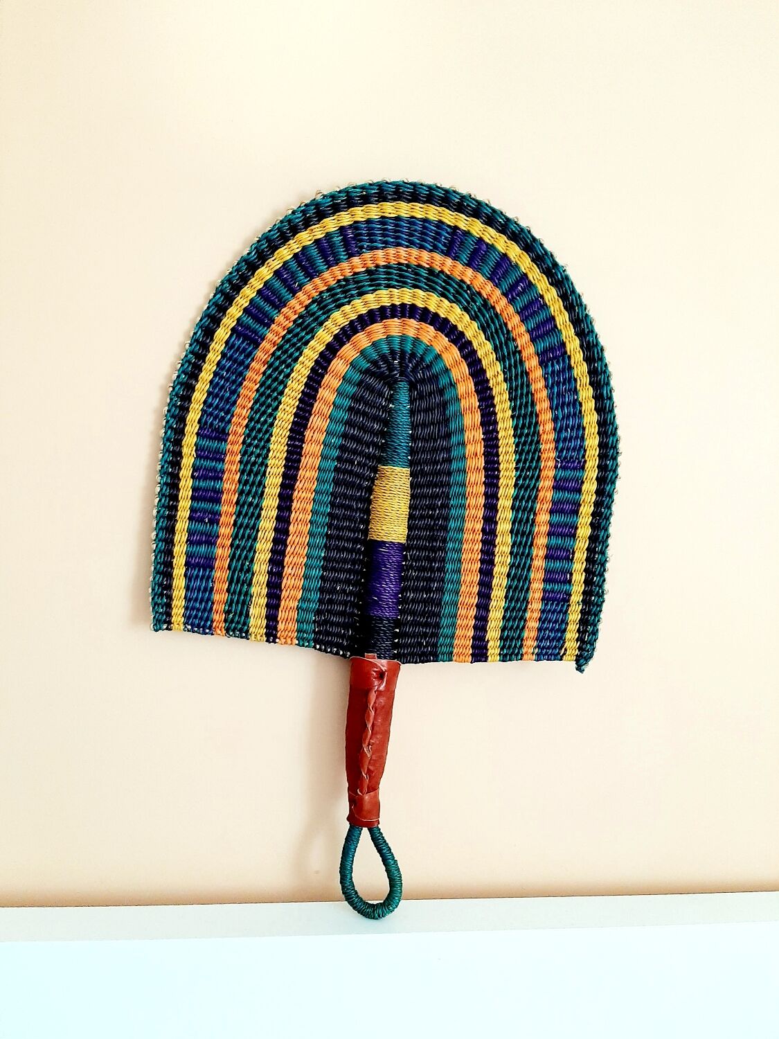 Bolga African fan, woven purple orange yellow green black