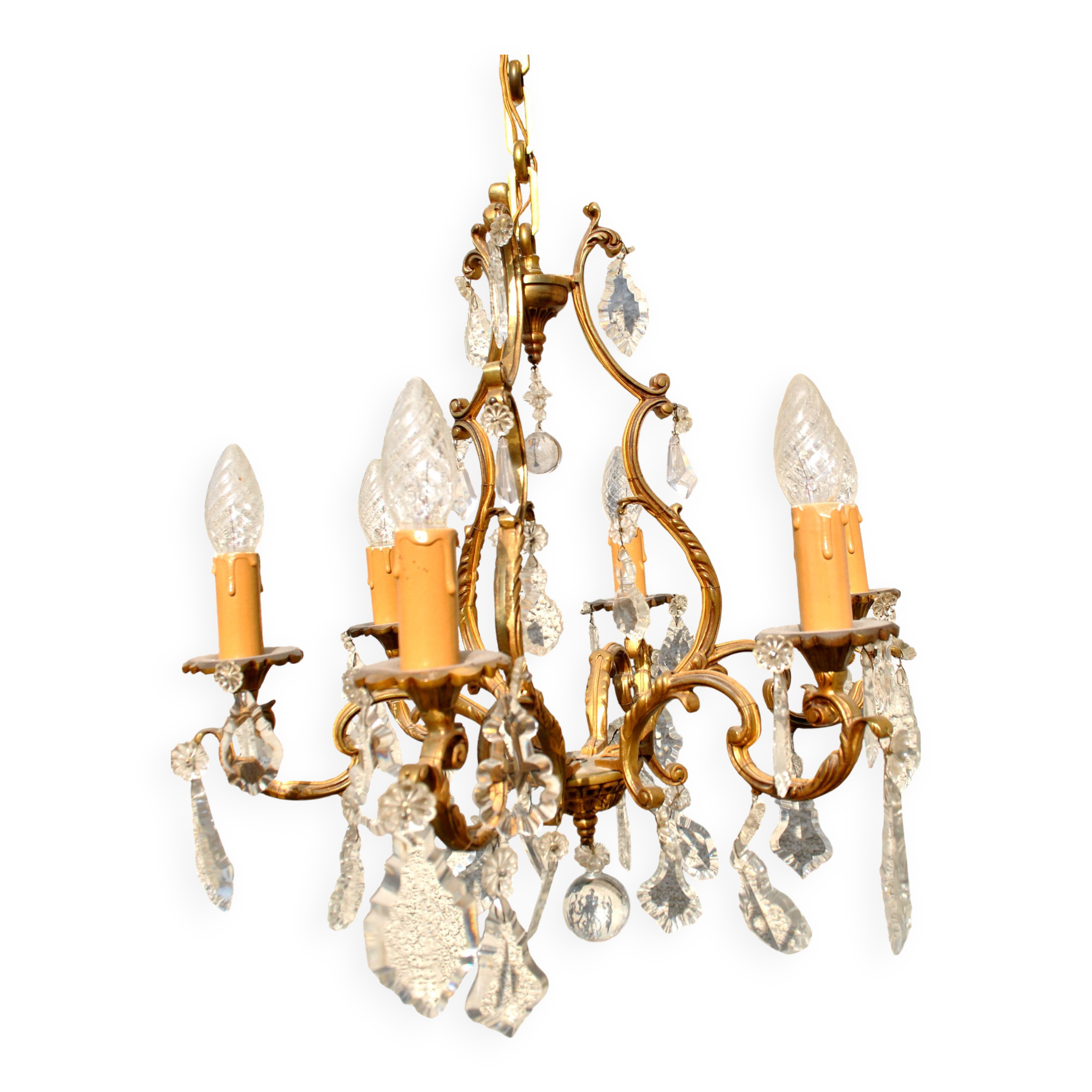 Retro bronze and crystal tassel chandelier - 6-light pendant lamp