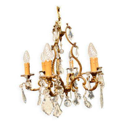Lustre à pampilles rétro bronze doré et cristal - suspension lampe 6 feux