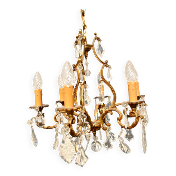 Lustre à pampilles rétro bronze doré et cristal - suspension lampe 6 feux