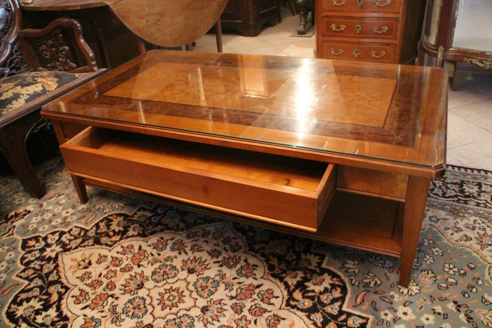 Large coffee table 2 drawers in solid walnut with decoration marked Directory style