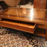 Large coffee table 2 drawers in solid walnut with decoration marked Directory style