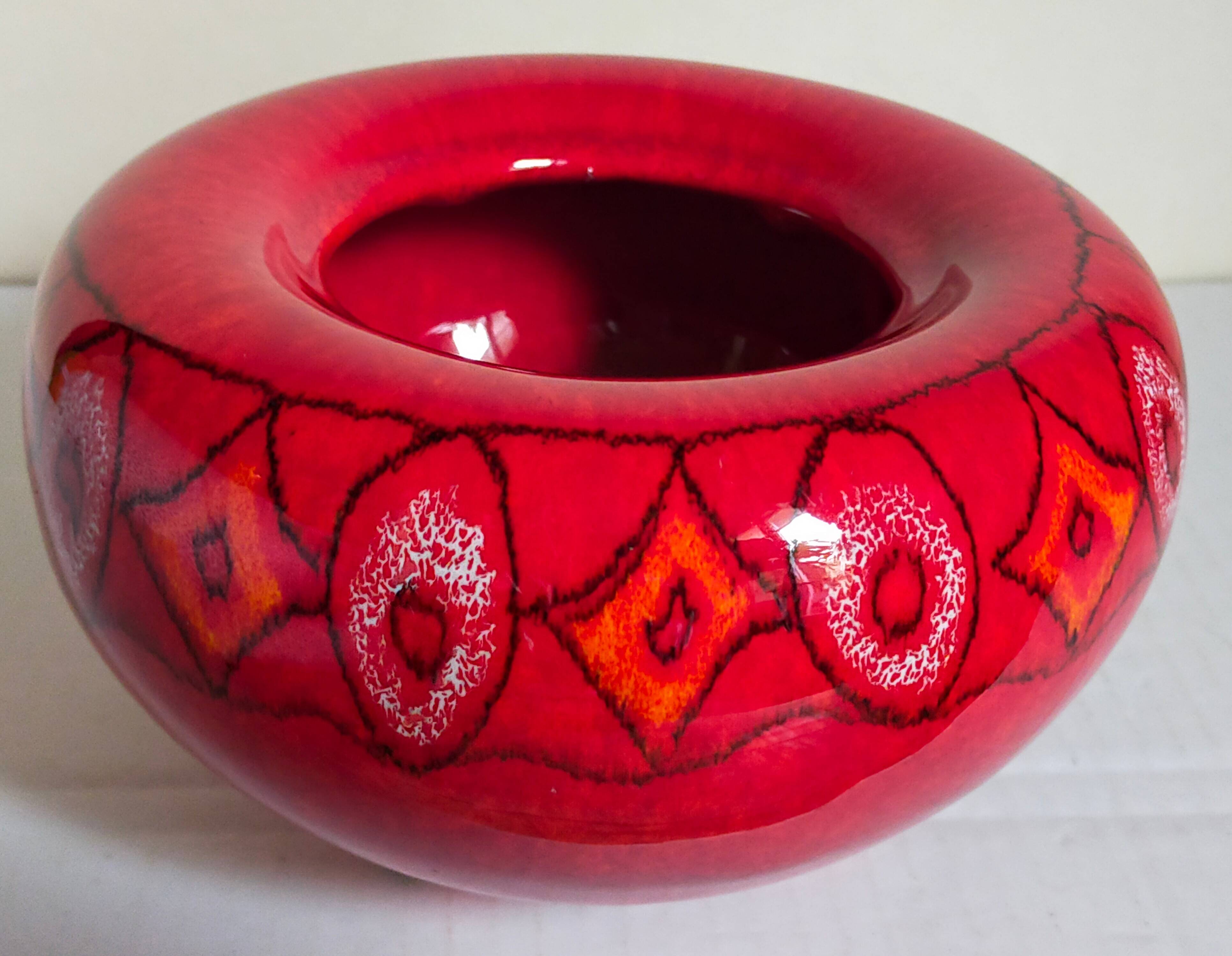 Vintage bright red enamel ceramic tripod vase