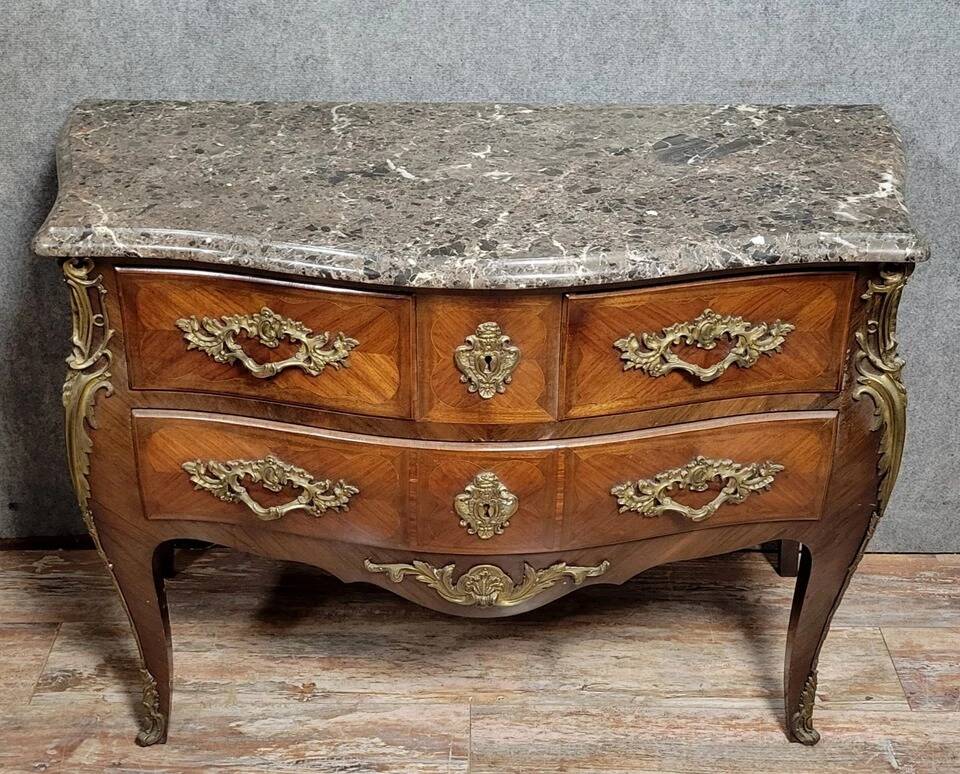 Louis XV style curved chest of drawers in marquetry circa 1880