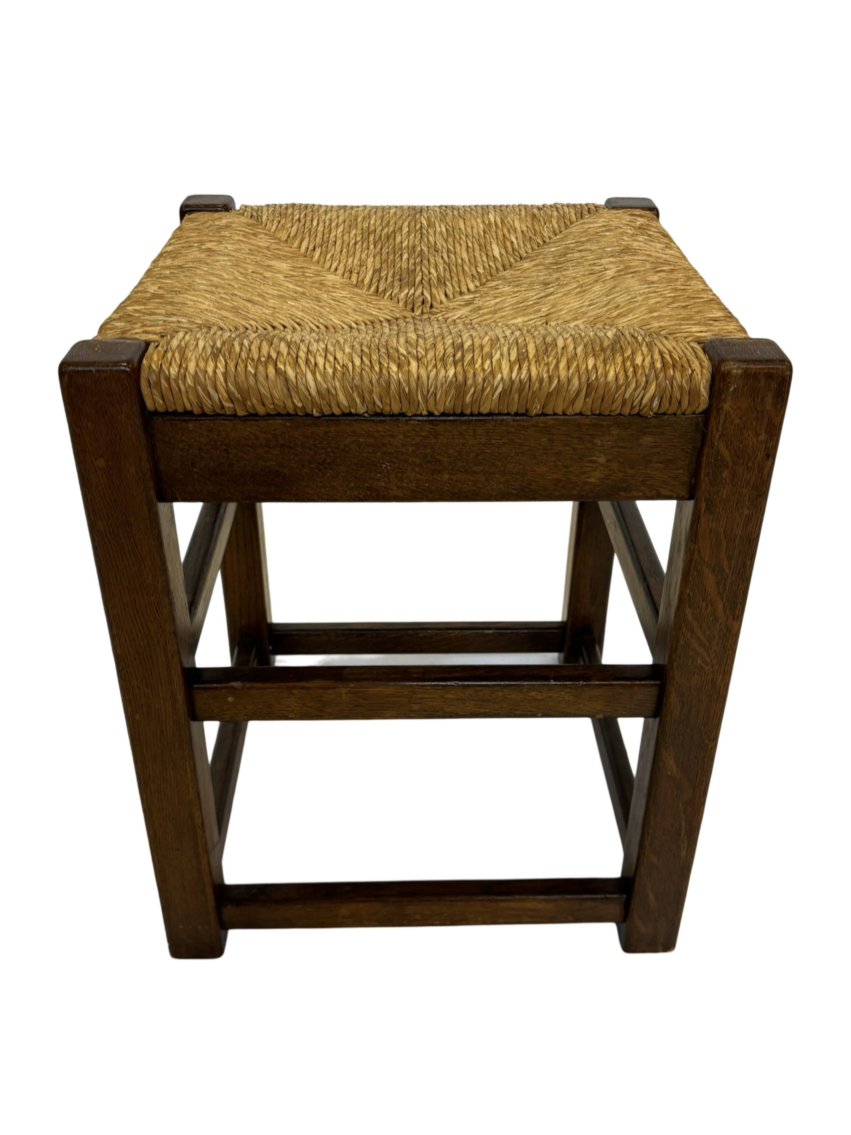 Vintage wooden stool straw seat 60s minimalist design