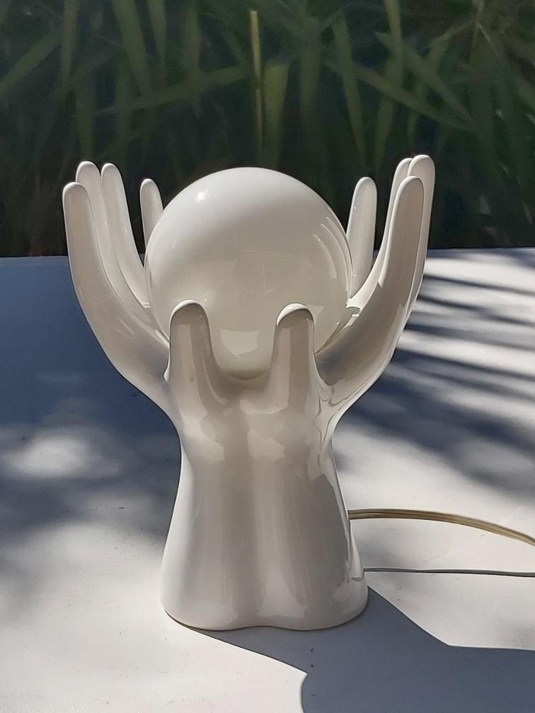 White ceramic hand lamp opaline ball 70s