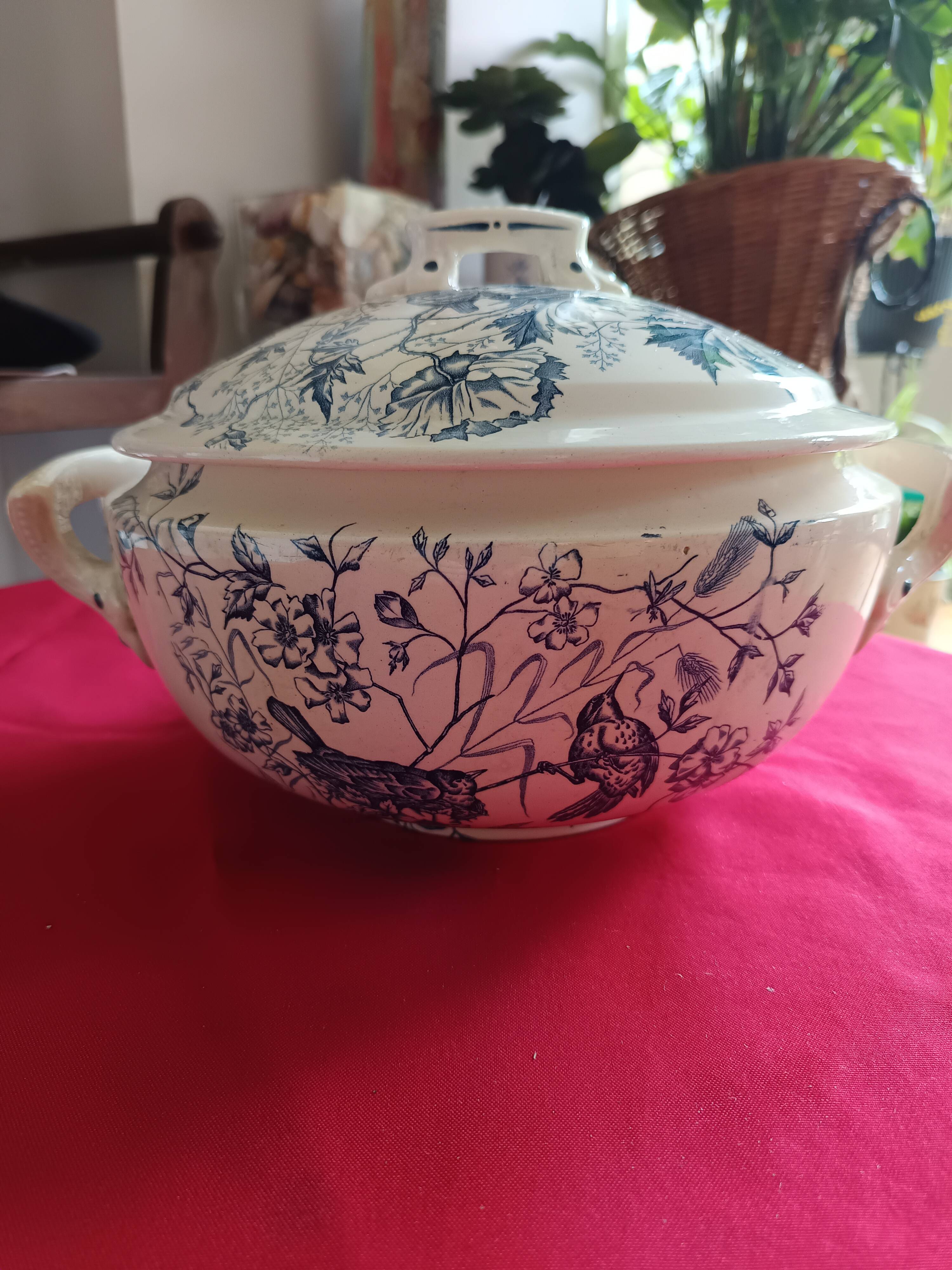antique soup tureen Terre de Feu 1920/1930 with a decoration of birds and insects