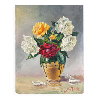 Peinture à l’huile originale « Roses » vintage