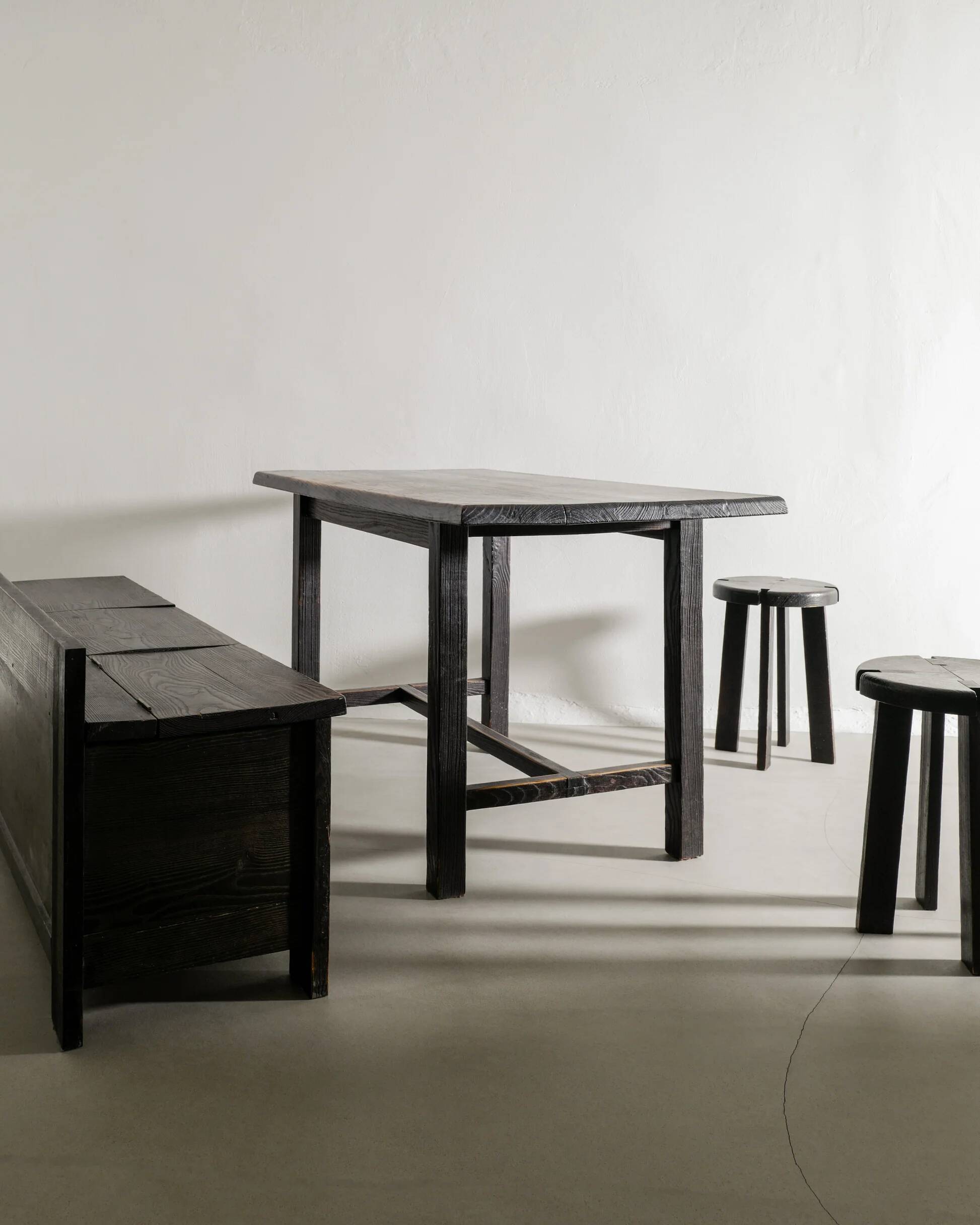 French Mid Century Black Wooden Ebonized Cabin Dining Set, 1950s