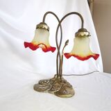 Brass water lily lamp and glass paste tulip, double, art nouveau style.