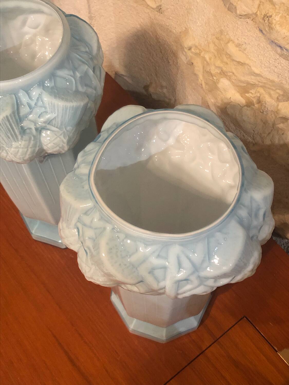 2 Antique blue opaline Art Nouveau vases with thistle motifs