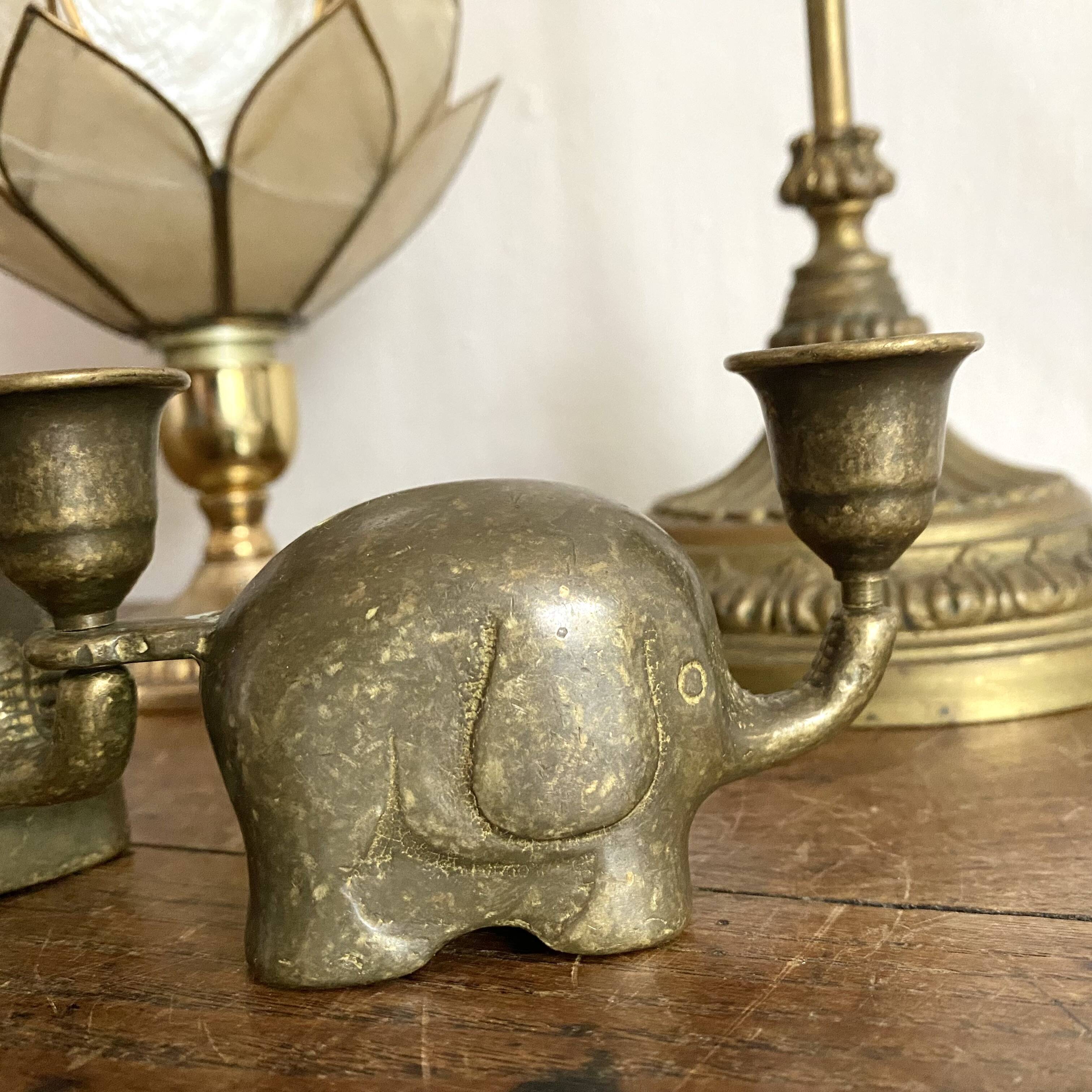 Vintage brass elephant candlestick holders, 1960s/70s.