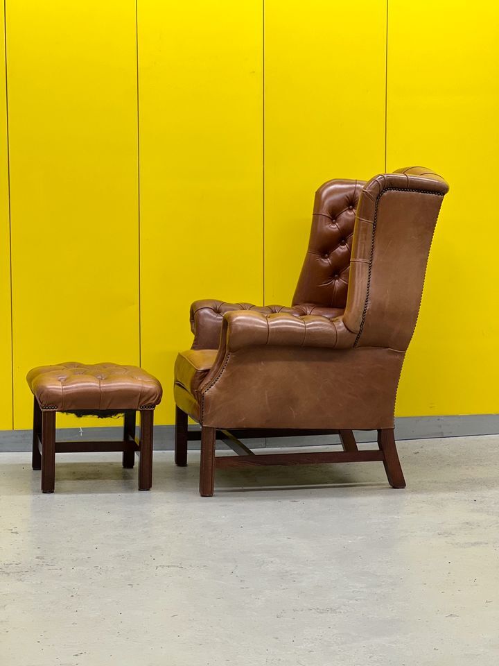 Brown leather chesterfield wing chair with Ottoman