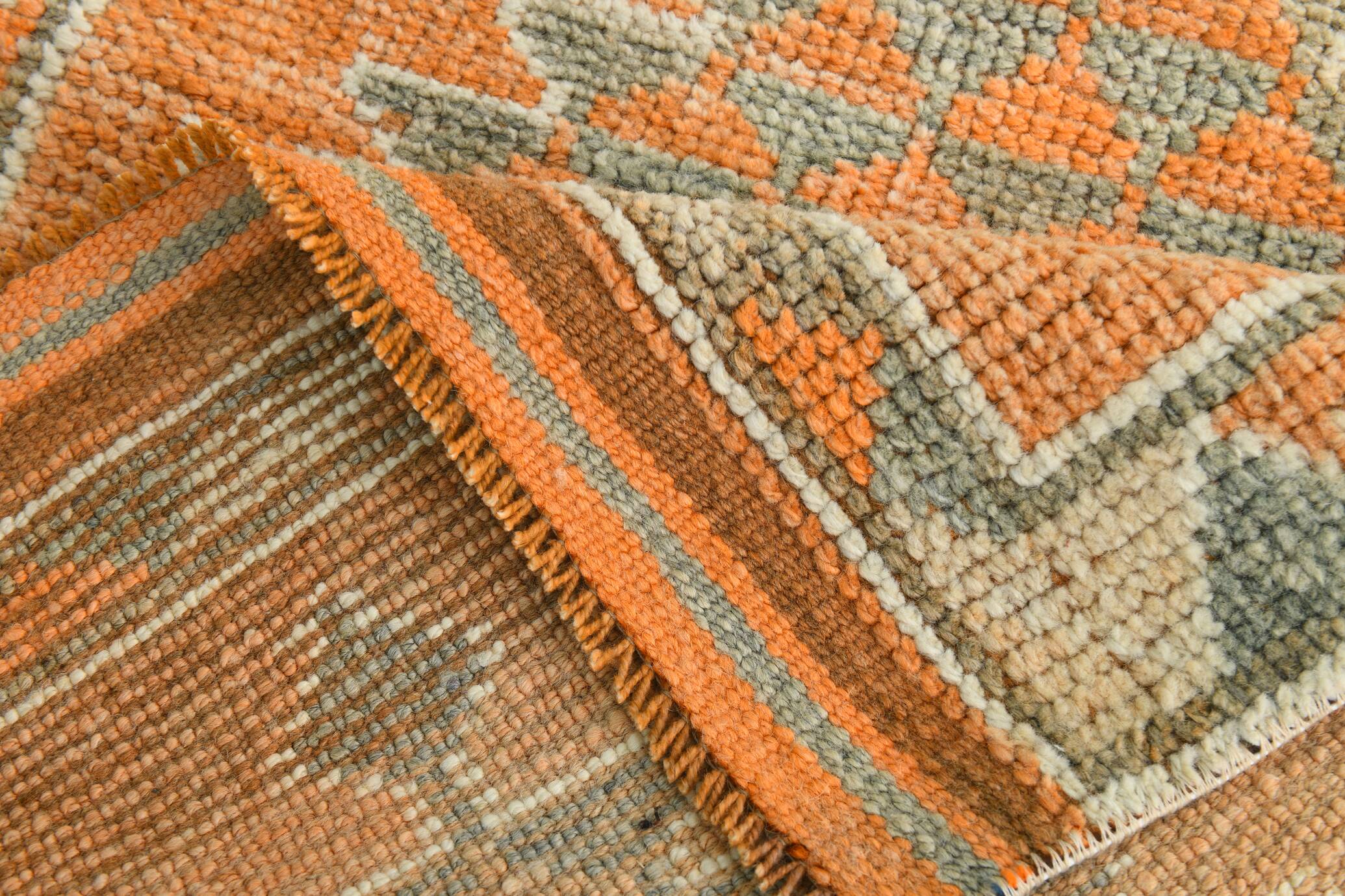 Tapis Kilim Vintage Orange et Beige, Motifs Géométriques Anatoliens